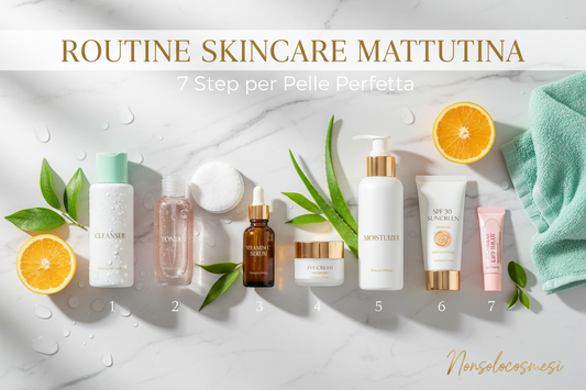 Routine skincare mattutina 7 step tutorial pelle perfetta detergente tonico vitamina C crema protezione solare - Nonsolocosmesi www.nonsolocosmesi.it