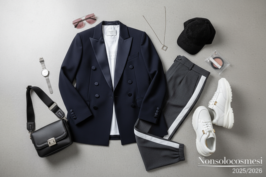 Sporty-chic 2025/2026 - Mix blazer elegante sneakers, comfort eleganza, abbigliamento sportivo sartoriale - Come mixare sporty e chic Nonsolocosmesi www.nonsolocosmesi.it