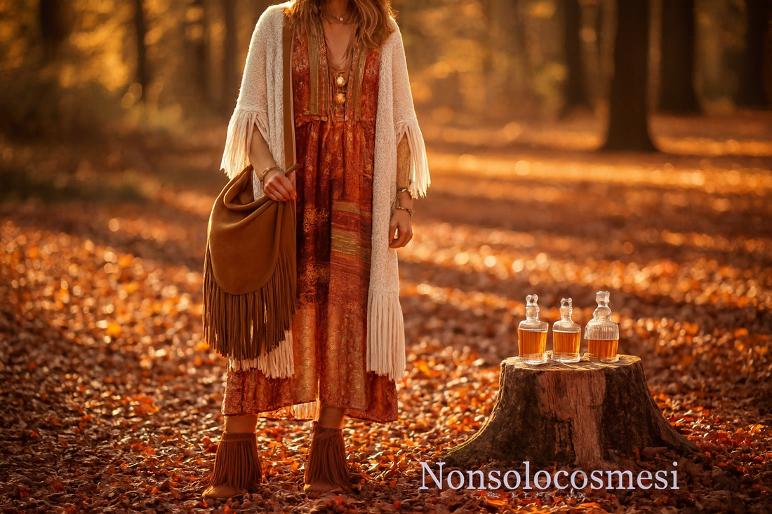 Outfit boho-chic autunno inverno 2025 con accessori frange borse scarpe stivaletti neri cardigan pesanti e profumi orientali Afaq Oud Kashmeeri Ishraqat abbinati - Nonsolocosmesi www.nonsolocosmesi.it