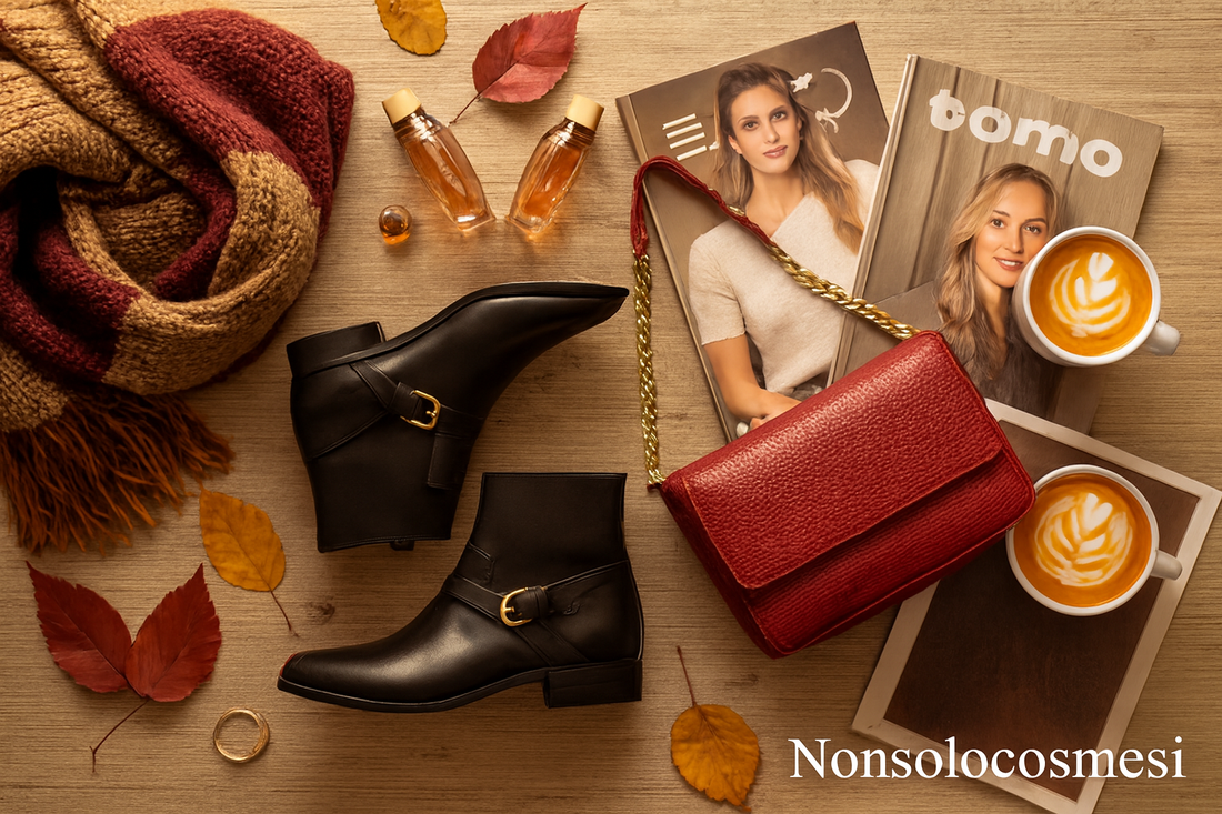 Stivaletti neri e borsa rossa must-have autunno inverno 2025 con profumi Montage Mademoiselle Vintage Heroes e Afaq Oud Kashmeeri abbinati outfit elegante - Nonsolocosmesi www.nonsolocosmesi.it