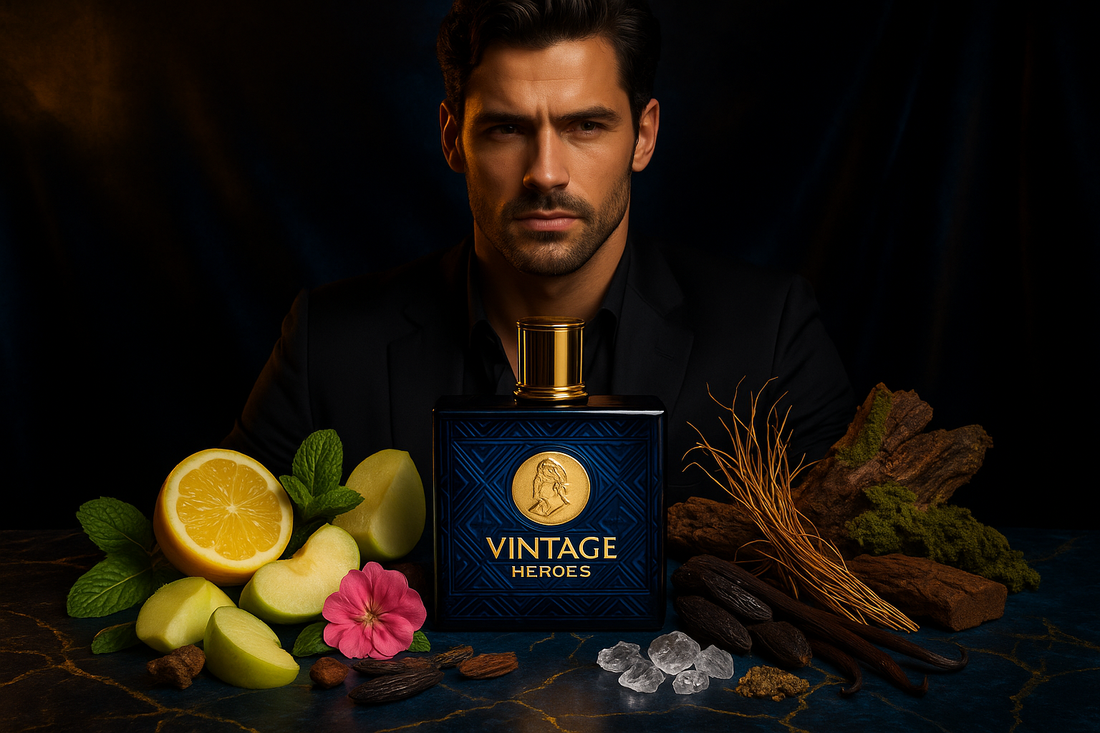 Vintage Heroes profumo uomo Montage con ingredienti naturali: menta, limone, mela verde, fava tonka, geranio, vaniglia, vetiver, muschio quercia, ambroxan e cedro. Uomo elegante su sfondo luxury blu oro che evoca potenza e seduzione.