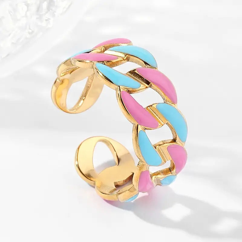 Anello Dorato Intrecciato con Smalto Rosa e Turchese
