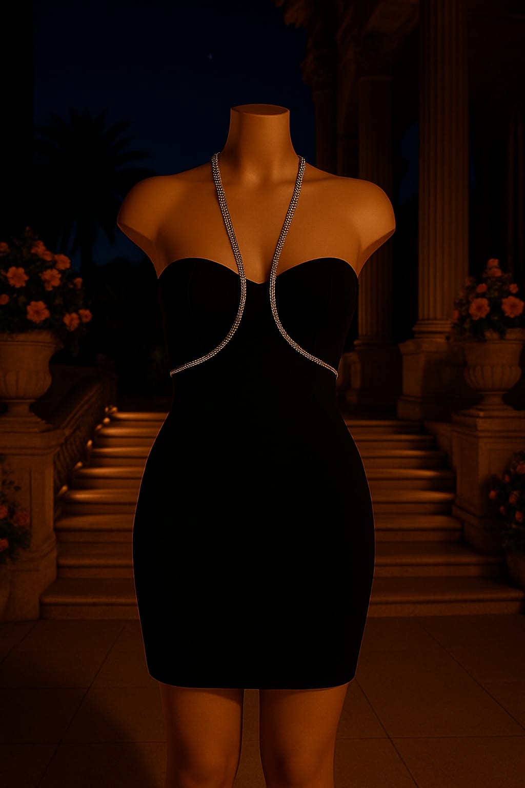 Mini abito nero elegante da donna, senza spalline, con scollo a cuore e dettagli gioiello in strass che avvolgono il busto e si collegano alla vita. Vestito da sera corto, perfetto per eventi glamour, cerimonie o party esclusivi. Design moderno e sofisticato che valorizza la figura femminile con un tocco di lusso.
