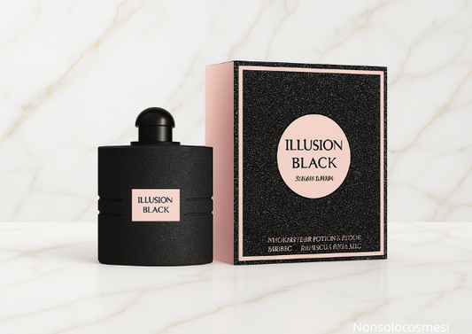 Profumo Illusion Black Montage Brands flacone nero glitterato confezione elegante sfondo marmo bianco venature oro - Nonsolocosmesi www.nonsolocosmesi.it
