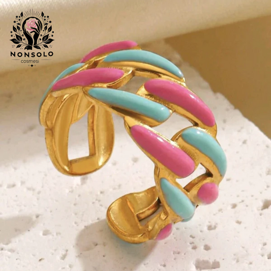 Anello Dorato Intrecciato con Smalto Rosa e Turchese