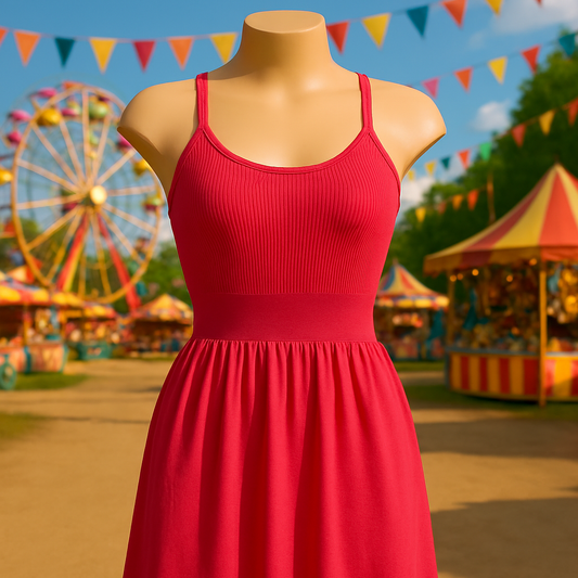Abito Fucsia in Maglia a Micro Costine con Spalline Sottili e Gonna Svasata