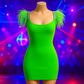 Abito Verde Fluo in Micro Costa con Spalline Decorate da Piume