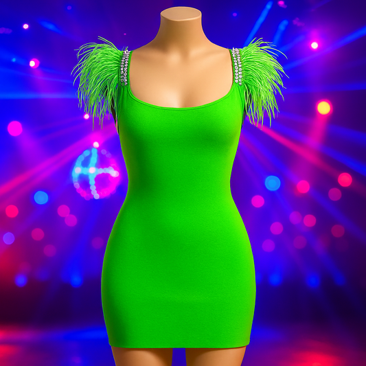 Abito Verde Fluo in Micro Costa con Spalline Decorate da Piume