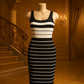 Completo Donna a Righe Nero e Bianco con Abito Smanicato e Cardigan