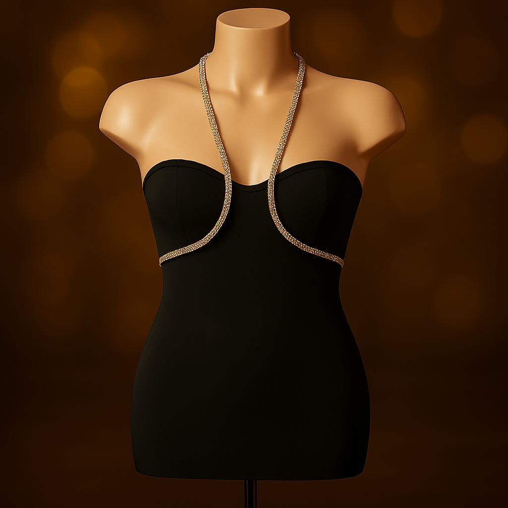 Abito nero aderente da donna, modello senza spalline con scollo a cuore e dettaglio gioiello tipo halter che valorizza il décolleté. Vestito da sera elegante e sensuale, perfetto per eventi formali, cerimonie o serate glamour. Design sofisticato che esalta la silhouette femminile con un tocco di lusso.