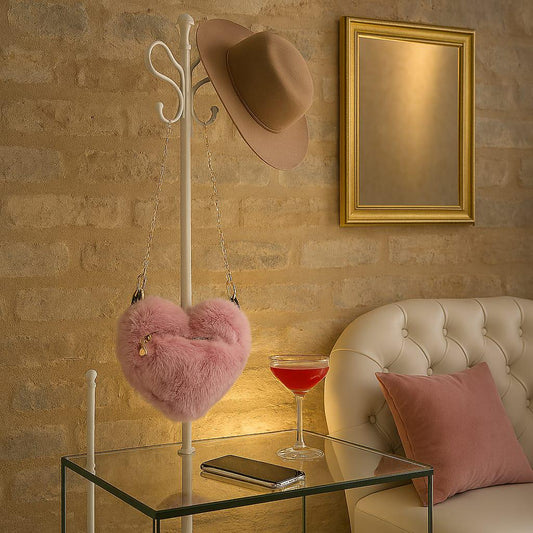 Borsa a Cuore Rosa in Peluche con Tracolla Dorata