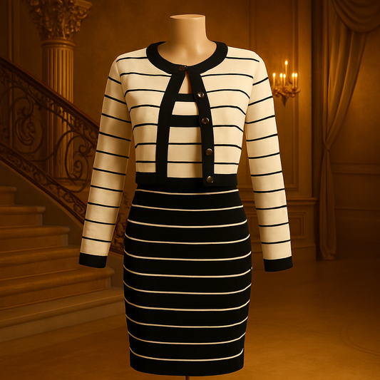 Completo Donna a Righe Nero e Bianco con Abito Smanicato e Cardigan