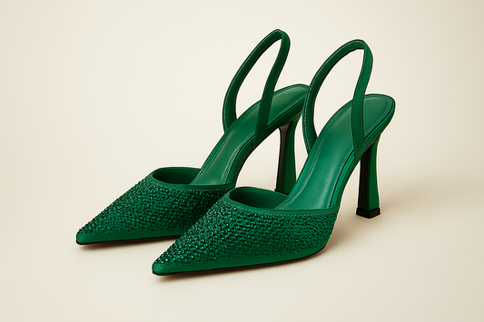 Décolleté Slingback in Tessuto Raso Verde Smeraldo con Cristalli –
