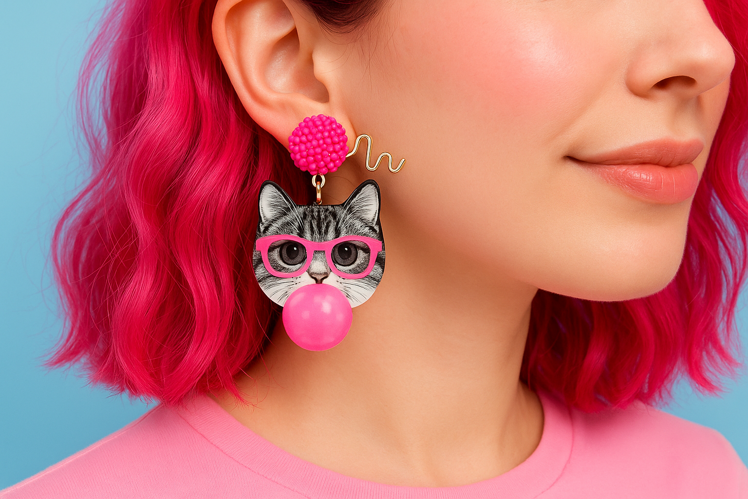 Orecchini Gatto Chewingum indossati - Bijoux kawaii pop colorati - Nonsolocosmesi, www.nonsolocosmesi.it