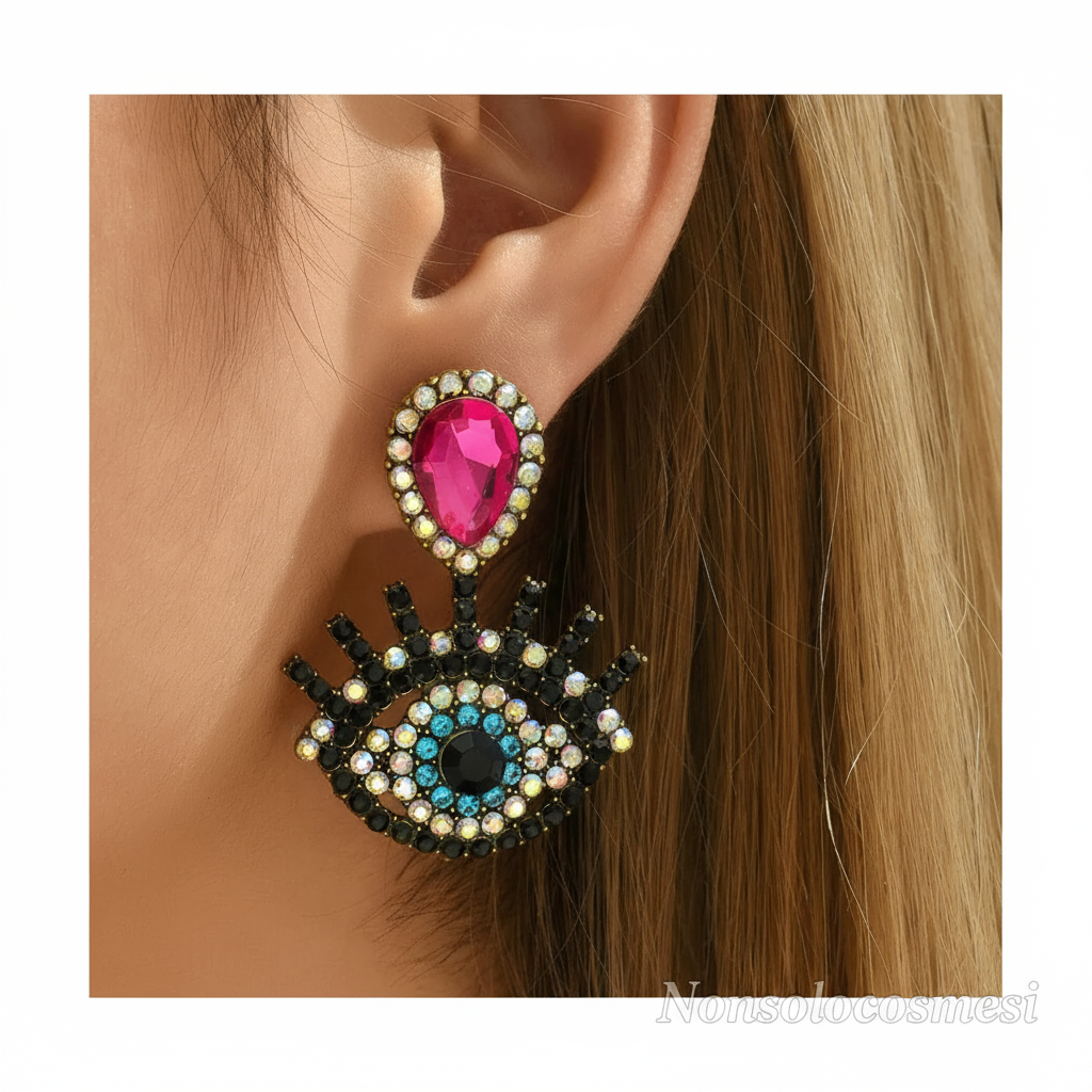 Orecchini Occhio Pietra Rosa confezione prodotto bigiotteria elegante - Nonsolocosmesi www.nonsolocosmesi.it
