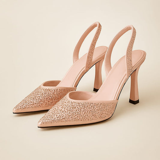Décolleté Slingback in Tessuto Raso Rosa con Cristalli –
