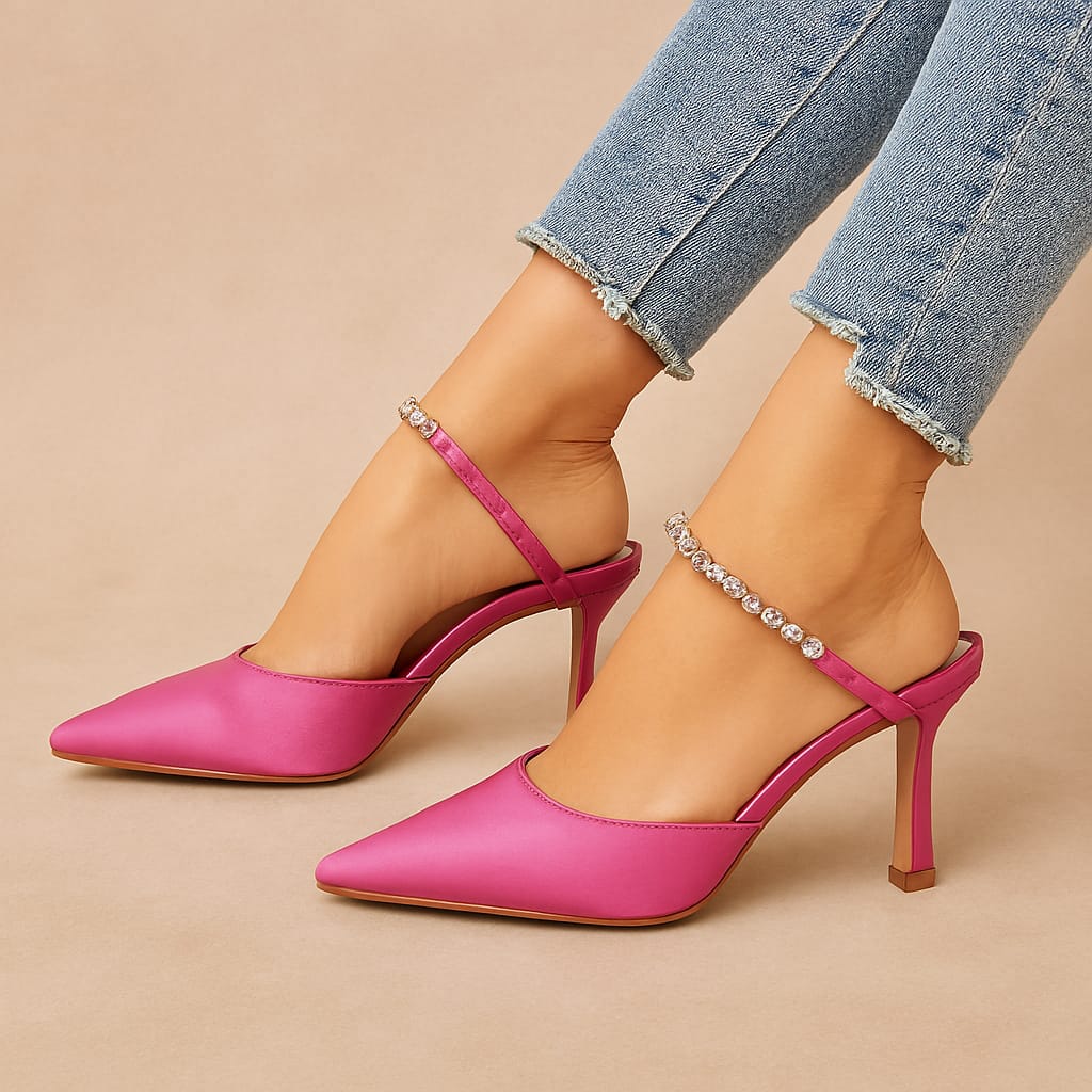 Décolleté Slingback in Raso Fucsia con Cavigliera Gioiello