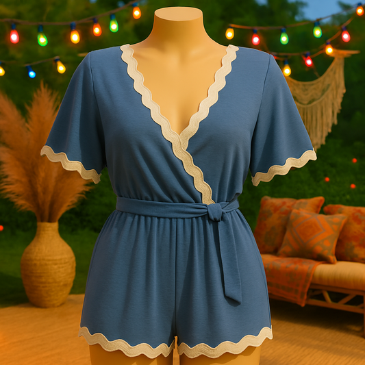 Romper Donna con Bordo Ondulato e Cintura in Vita