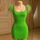 Abito Verde Fluo in Micro Costa con Spalline Decorate da Piume